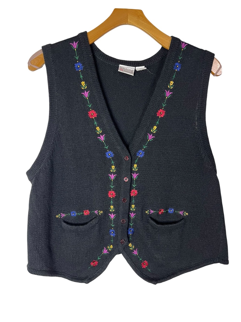 Vintage Hasting & Smith Black Cardigan Vest with Embroidered Floral Designs Lrg